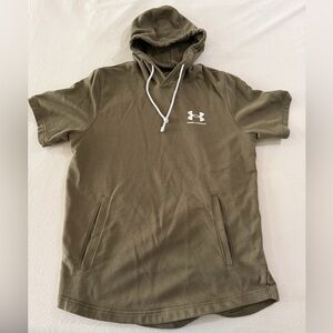 Under Armour Mens L UA Rival Terry Short Sleeve Hoodie Loose Fit Olive Khaki EUC
